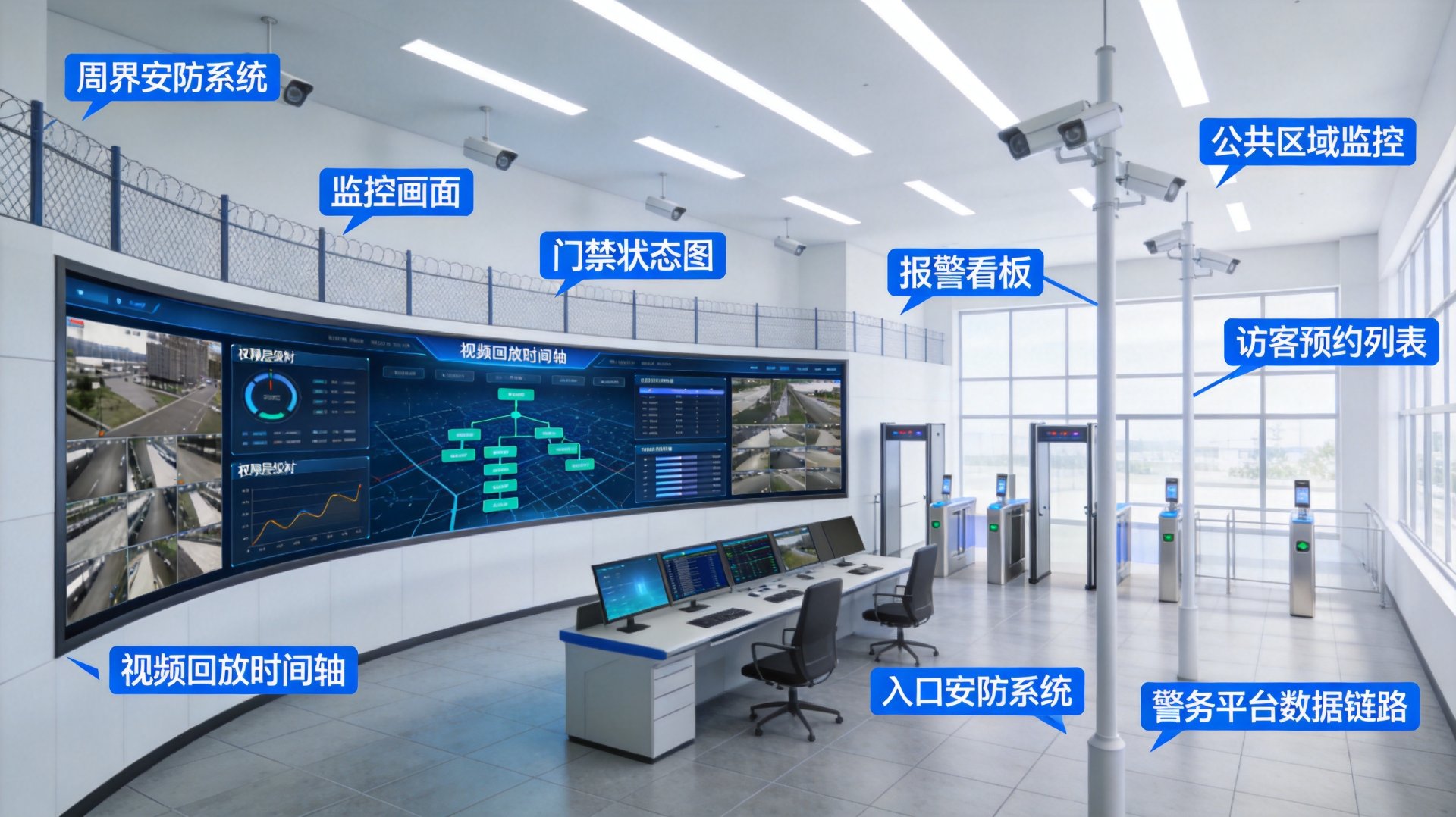 三位一体安防体系（指挥中心实景：周界安防+视频监控+门禁报警+警务平台数据链路统一接入）
